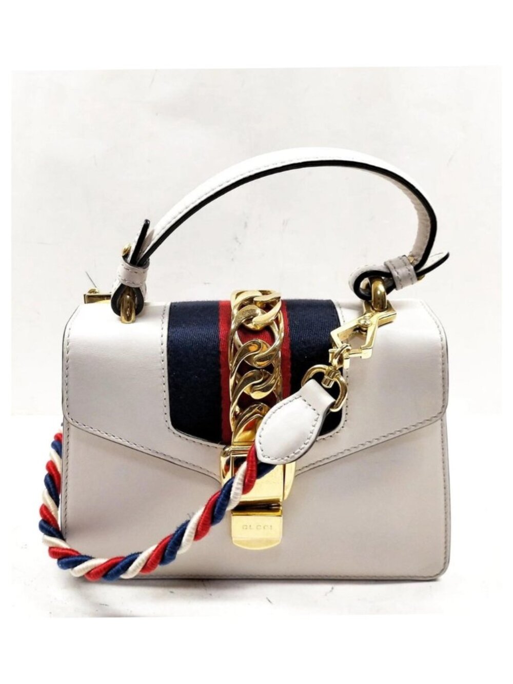 Authentic Gucci Sylvie Mini Top Handle White Leather Web Stripe Chain Crossbody - Picture 2 of 16